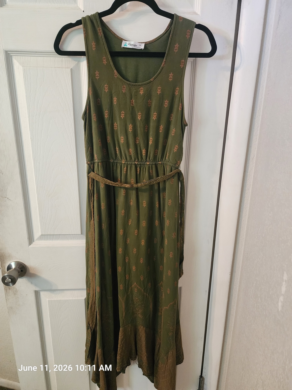 Sleeveless Olive Green Midi Dress with Waist Tie